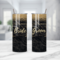 Bride and groom tumblers with gold glitter on black background, full set shown. Designed by Tammi Oribello Designs, in Lapeer Michigan
