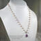 Taupe pearl and amethyst necklace with front toggle clasp in sterling silver by MariesGems.