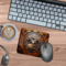 deer hunting theme mouse pad, gift for wildlife lover desk accessory, custom dark brown leather look nature mouse pad on desk with laptop