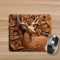 Close up details of a personalized brown faux leather deer mouse pad. Designed by Tammi Oribello Designs in her home studio in Lapeer, MI