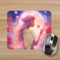 Close-up of personalized fairy mouse pad with name.  Personalized fairy mouse pad with white wings moon and pink flowers
