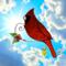 Spring Cardinal Stained Glass Suncatcher by Robin C. Hary, made with red glass and accented with lamp worked leaves, flower and copper wire.