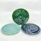 Set of three handmade ceramic finger labyrinths in (L to R) aqua, green, and royal blue glazes, made for meditation and stress relief.