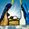 Nativity stained glass ornament, shown here with brown skin. Mary is made with white and blue glass, manger is made with brown glass, baby Jesus has white swaddling, Joseph is made with brown and purple glass.