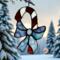 Candy Cane stained glass ornament- made with red and white glass with a light blue bow.