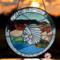 Native Spirit 20 inch round panel, made with a beveled Native American bodice in the center, browns, greens, blues create a desert oasis surrounding him and a beveled outer rim encases the scene.