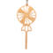 A handcrafted wooden Christmas tree ornament shaped like a lollipop, featuring intricate cut-out spiral patterns on the circular top and a simple stick base. The ornament is light brown with a smooth finish.