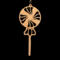 A handcrafted wooden Christmas tree ornament shaped like a lollipop, featuring intricate cut-out spiral patterns on the circular top and a simple stick base. The ornament is light brown with a smooth finish.