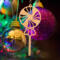 A handcrafted wooden Christmas tree ornament shaped like a lollipop, featuring intricate cut-out spiral patterns on the circular top and a simple stick base. The ornament is light brown with a smooth finish.