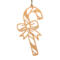 Handmade wooden Christmas tree ornament shaped like a curved candy cane with intricate stripe cutouts, accented by a delicate bow and crafted from natural light colored wood tones.