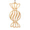 A handmade wooden Christmas tree ornament shaped like a wrapped hard candy, featuring a bulbous center with swirling stripes and twisted wrapper ends, crafted from light-toned wood using a scroll saw.
