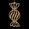 A handmade wooden Christmas tree ornament shaped like a wrapped hard candy, featuring a bulbous center with swirling stripes and twisted wrapper ends, crafted from light-toned wood using a scroll saw.