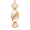 A handcrafted wooden Christmas tree ornament shaped like a wrapped candy, featuring intricate Victorian fretwork with twisted ends and a diagonal swirling stripe in the center.