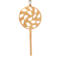 A handmade Christmas tree ornament crafted from light brown maple hardwood plywood, shaped like a lollipop with a round head featuring intricate spiral cutouts and a long stick handle, suspended from a small metal hook.