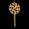 A handmade Christmas tree ornament crafted from light brown maple hardwood plywood, shaped like a lollipop with a round head featuring intricate spiral cutouts and a long stick handle, suspended from a small metal hook.