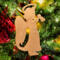 A handmade wooden Christmas ornament in the shape of a cheerful angel, featuring a halo, wings, and a raised arm ringing a bell, hand-cut from solid hardwood and finished with clear shellac.