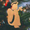 A handmade wooden Christmas ornament in the shape of a cheerful angel, featuring a halo, wings, and a raised arm ringing a bell, hand-cut from solid hardwood and finished with clear shellac.