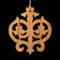 Intricate Victorian-style fretwork Christmas tree ornament handcrafted from natural hardwood with visible wood grain, showcasing symmetrical curls, loops, and ornate cut-out designs.