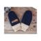 Handmade navy blue baby mittens with beige ribbed cuffs, made from soft boucle fleece; cozy thumbless winter mittens for infants & toddlers.