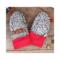 Handmade fluffy gray baby mittens with red ribbed cuffs, made from soft boucle fleece; cozy thumbless winter mittens for infants & toddlers.