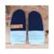 Handmade navy blue wool baby mittens with ribbed light blue cuffs, made from soft fleece; cozy thumbless winter gear for infants & toddlers.