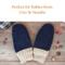 Pair of navy blue thumbless baby mittens with text ‘Perfect for Babies from 0 to 36 Months’; soft fleece winter mittens for toddlers.