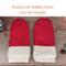 Pair of wool red thumbless baby mittens with text ‘Perfect for Babies from 0 to 36 Months’; soft fleece winter mittens for toddlers.