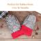 Pair of fluffy gray thumbless baby mittens with text ‘Perfect for Babies from 0 to 36 Months’; soft fleece winter mittens for toddlers.