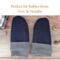 Pair of wool navy blue thumbless baby mittens with text ‘Perfect for Babies from 0 to 36 Months’; soft fleece winter mittens for toddlers.