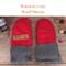 Pair of warm and cozy wool red baby mittens with knit gray ribbed cuffs; thumbless winter mittens for babies and toddlers.