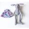 Handmade gray wool rabbit doll beside her removable floral cotton dress — eco-friendly heirloom toy.