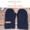 Pair of navy blue extra large mittens displayed on rustic wood background; soft wool winter gloves for xl large handed men.