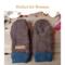 Women’s handmade brown fleece mittens with navy cuffs and faux leather tag shown flat on wood under text “Perfect for Women.”