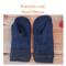 Pair of warm and cozy blue regular sized wool women's mittens on rustic wood background — winter regular size mittens for woman.