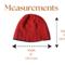 Flat lay of rust-colored wool and silk blend knit hat lined with navy fleece, shown with labeled width and height measurements.