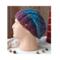 A hand knit acrylic & wool beanie in ombre blue & purple ribbing stretchy stitch pattern. For children and preteens ages 10, 11, 12, 13, 14.