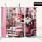 Three views of personalized pink gnome couple with vintage truck on 20 oz tumbler. Custom name shown vertically in white; gift-ready design.