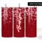Personalized red glitter-look hearts 20 oz skinny tumbler, three views with vertical name; sublimation print, not real glitter.

