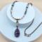 Handmade necklace with amethyst teardrop pendant, aquamarine beads, crystals, copper chain and hook clasp