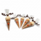 Set of five handmade reindeer hot cocoa cones with homemade cocoa mix displayed on a white background