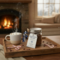 Winter Warm Up handmade hot cocoa jar on wooden tray with cozy mug by fireplace, creating a warm winter drink scene