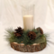 Handmade rustic wood slice candle centerpiece with pine greenery and pinecones, neutral farmhouse table decor for home, weddings, and events