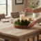 Rustic wood slice candle centerpiece being styled on dining table, neutral farmhouse home decor accent