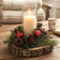 Rustic farmhouse candle centerpiece on coffee table with wood slice base, pinecones, and Valentine heart accents