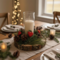 Rustic Valentine wood slice candle centerpiece styled on dining table with pine greenery, pinecones, and red heart decor