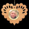 Wooden heart-shaped ornament with scalloped edges and an oak grain finish, featuring a removable round gold frame that holds a photo of a smiling blonde child.
