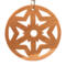 A handmade wooden Christmas tree ornament, circular in shape, crafted from light brown wood with a natural grain pattern. It features an intricate, symmetrical cutout design resembling a star or snowflake, with multiple pointed shapes radiating from a central hole. The ornament is attached to a small metal hook for hanging, showcasing its rustic and festive craftsmanship.