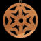 A handmade wooden Christmas tree ornament, circular in shape, crafted from light brown wood with a natural grain pattern. It features an intricate, symmetrical cutout design resembling a star or snowflake, with multiple pointed shapes radiating from a central hole. The ornament is attached to a small metal hook for hanging, showcasing its rustic and festive craftsmanship.