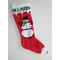 Snowman with green scarf on red and white hand knit Christmas stocking, personalized at top, and embellished with silver bells.