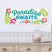 ​Paradise Awaits Tropical Sign, Hawaiian Tiki Hut Decor​, bright colors on a white background, palm leaves and hibiscus flowers.
